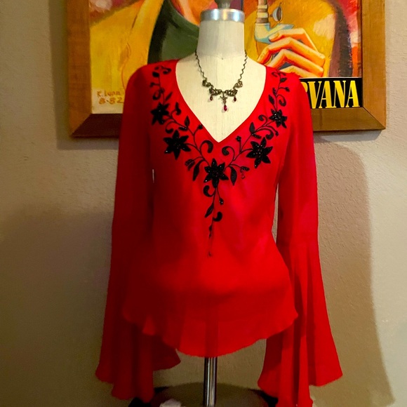 Pretty red festive sheer blouse with black embroidered flowers with black beads. - Picture 3 of 5